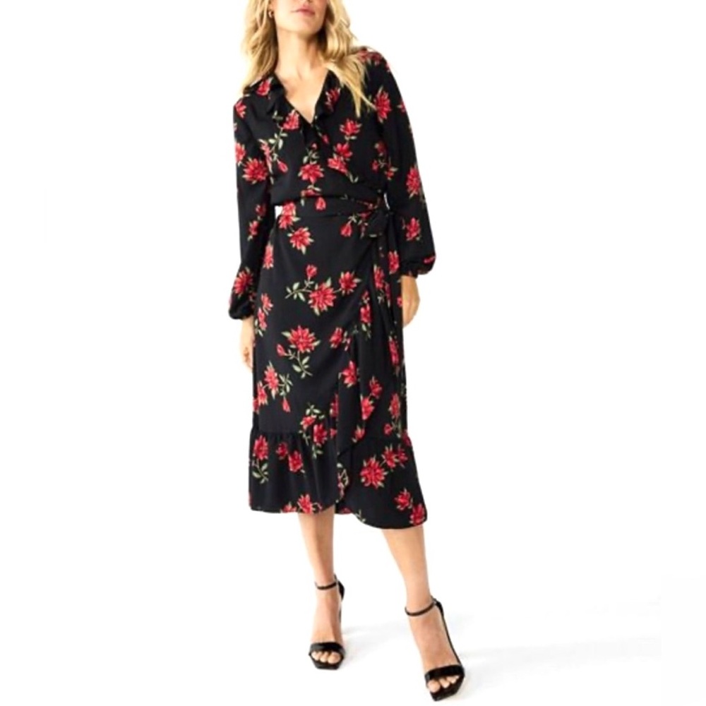Draper James Black Midi Wrap Dress Floral Long Sleeve  SZ M EUC